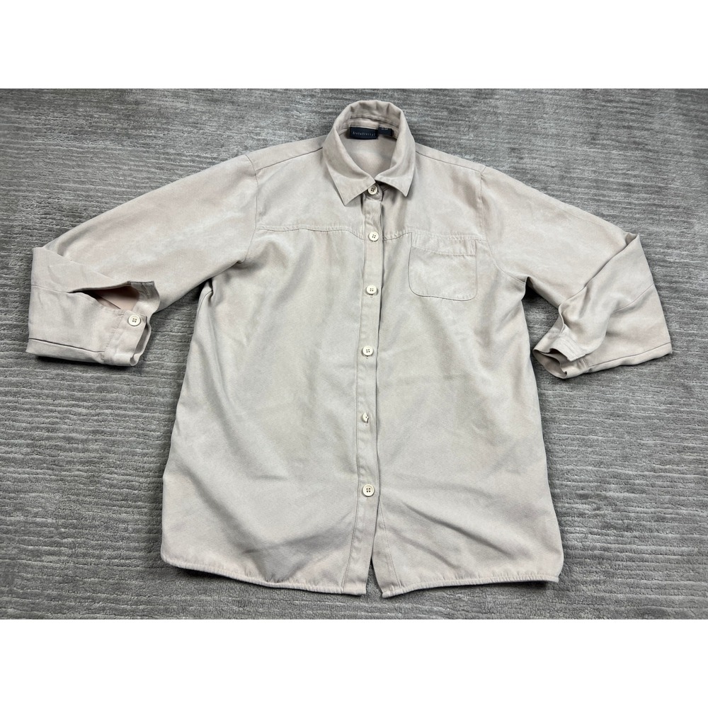 Relativity Shirt Womens L Beige Faux Suede Button Down Long Sleeve Pocket Solid
